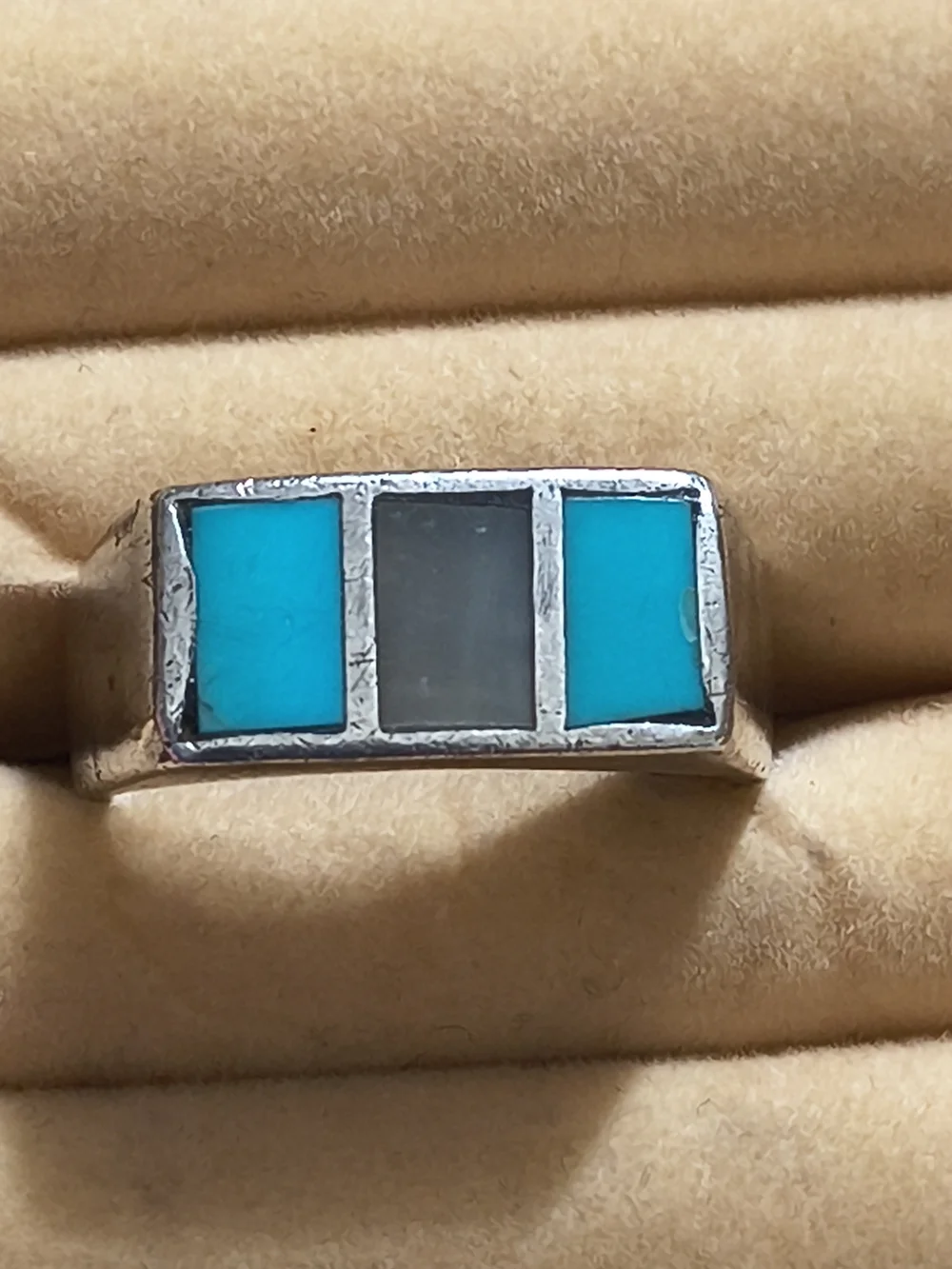 Turquoise & MOP Inlay Sterling Navajo Native American Signet Style Ring Sz 10.5
